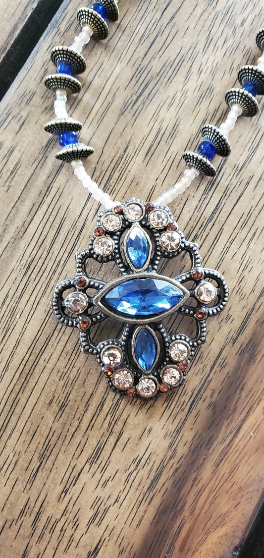 Blue & Peach Beaded Necklace with deep gold/bronze accents