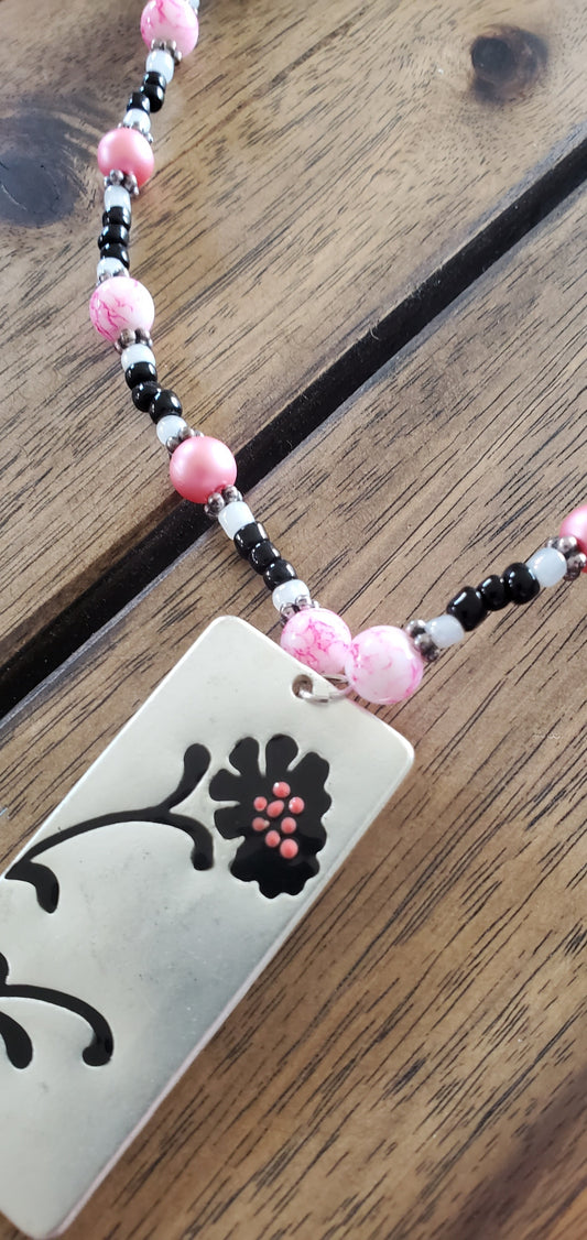 Black & Pink Botanical Beaded Necklace