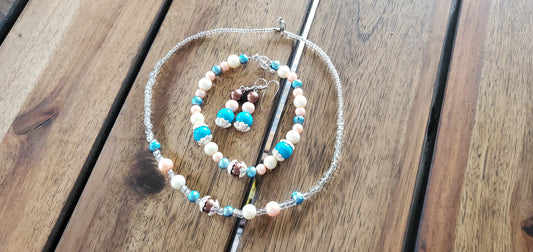 Blue, Ivory, & Peach Glass Bead Trio - Necklace, Bracelet & Earrings