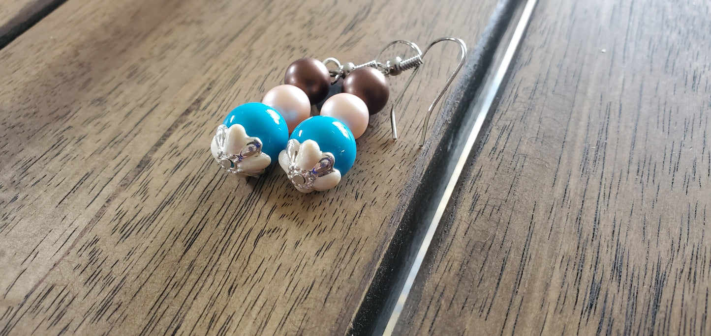 Blue, Ivory, & Peach Glass Bead Trio - Necklace, Bracelet & Earrings