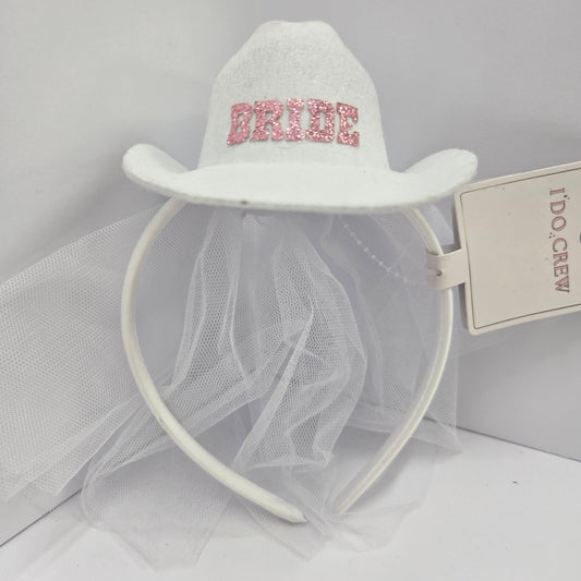 I Do Crew Bride Mini Cowboy Hat With Veil Headband
