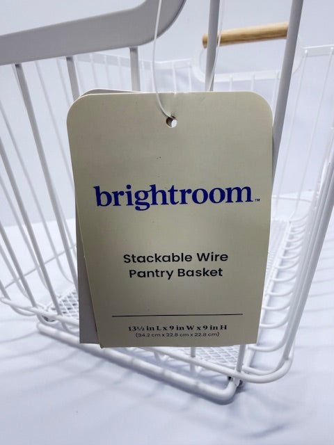 Metal Stackable Wire Pantry Basket with Rubber Wood Handle White - Brightroom™: Kitchen Storage Organizer, 9"x13.5"
