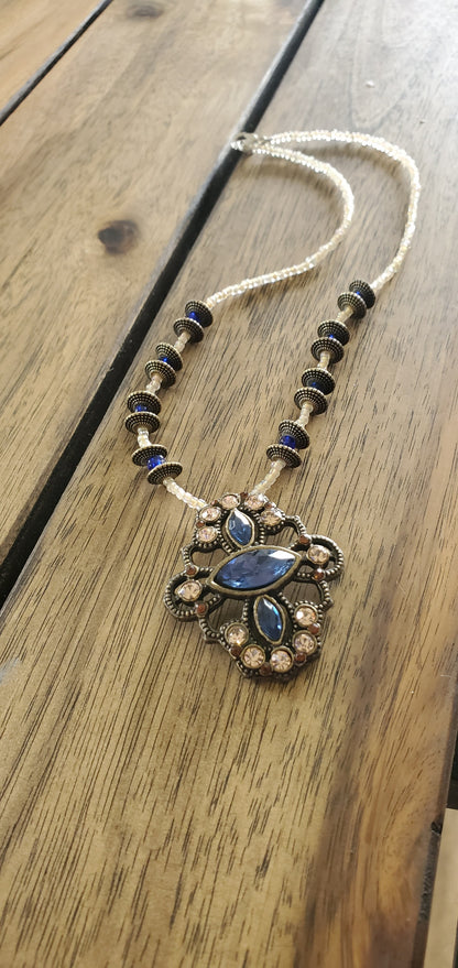 Blue & Peach Beaded Necklace with deep gold/bronze accents