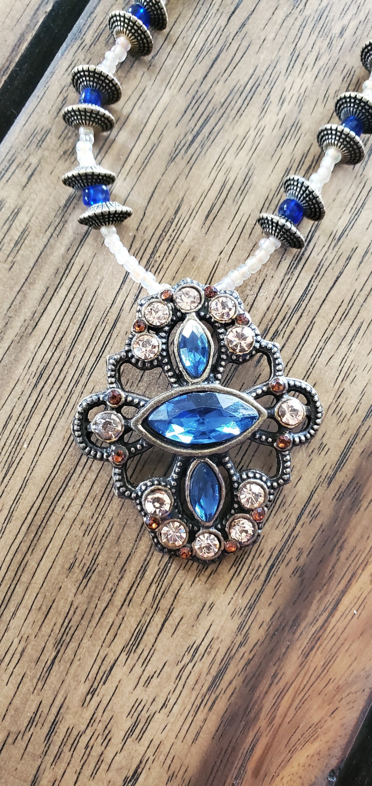 Blue & Peach Beaded Necklace with deep gold/bronze accents