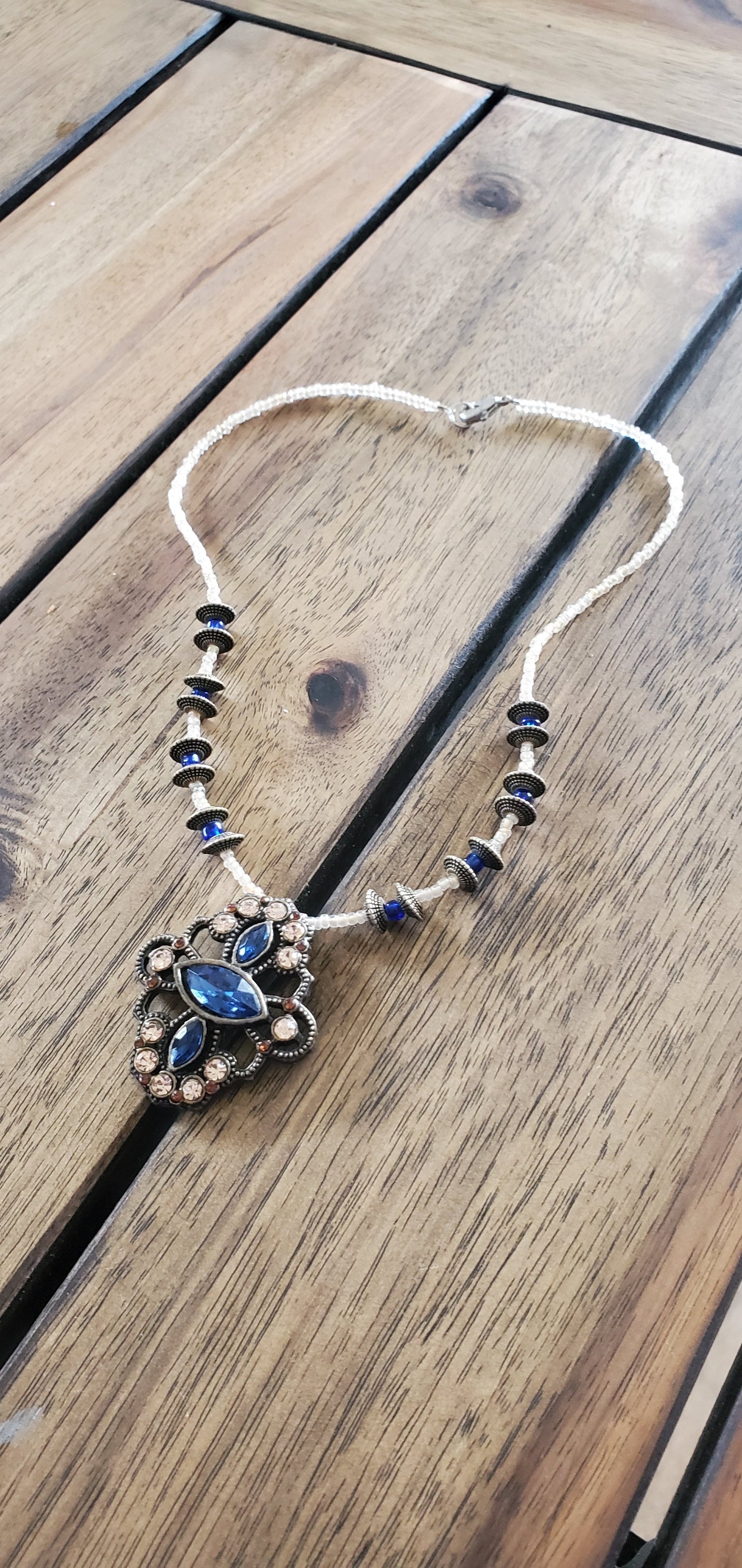 Blue & Peach Beaded Necklace with deep gold/bronze accents