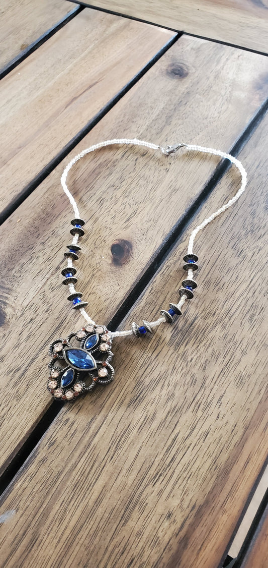 Blue & Peach Beaded Necklace with deep gold/bronze accents