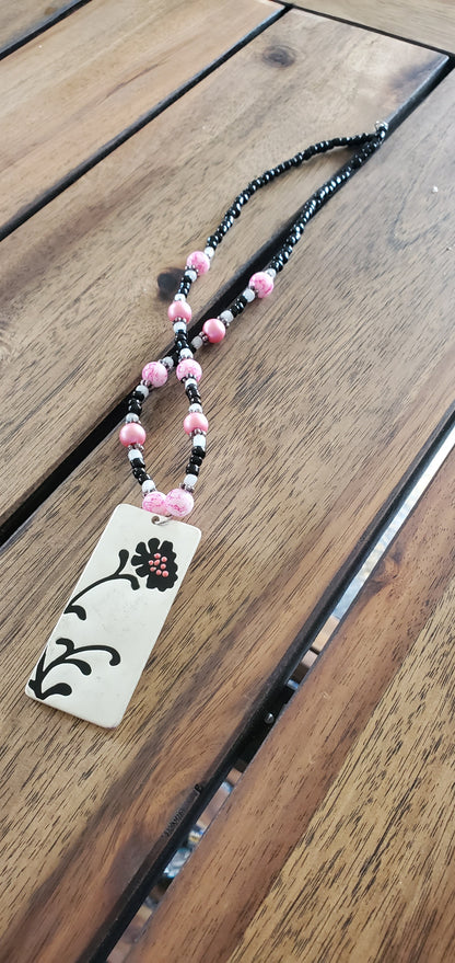 Black & Pink Botanical Beaded Necklace