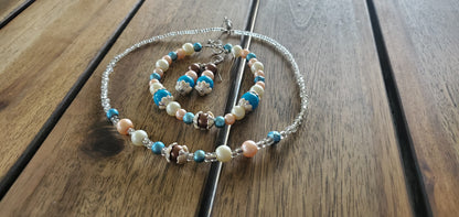 Blue, Ivory, & Peach Glass Bead Trio - Necklace, Bracelet & Earrings