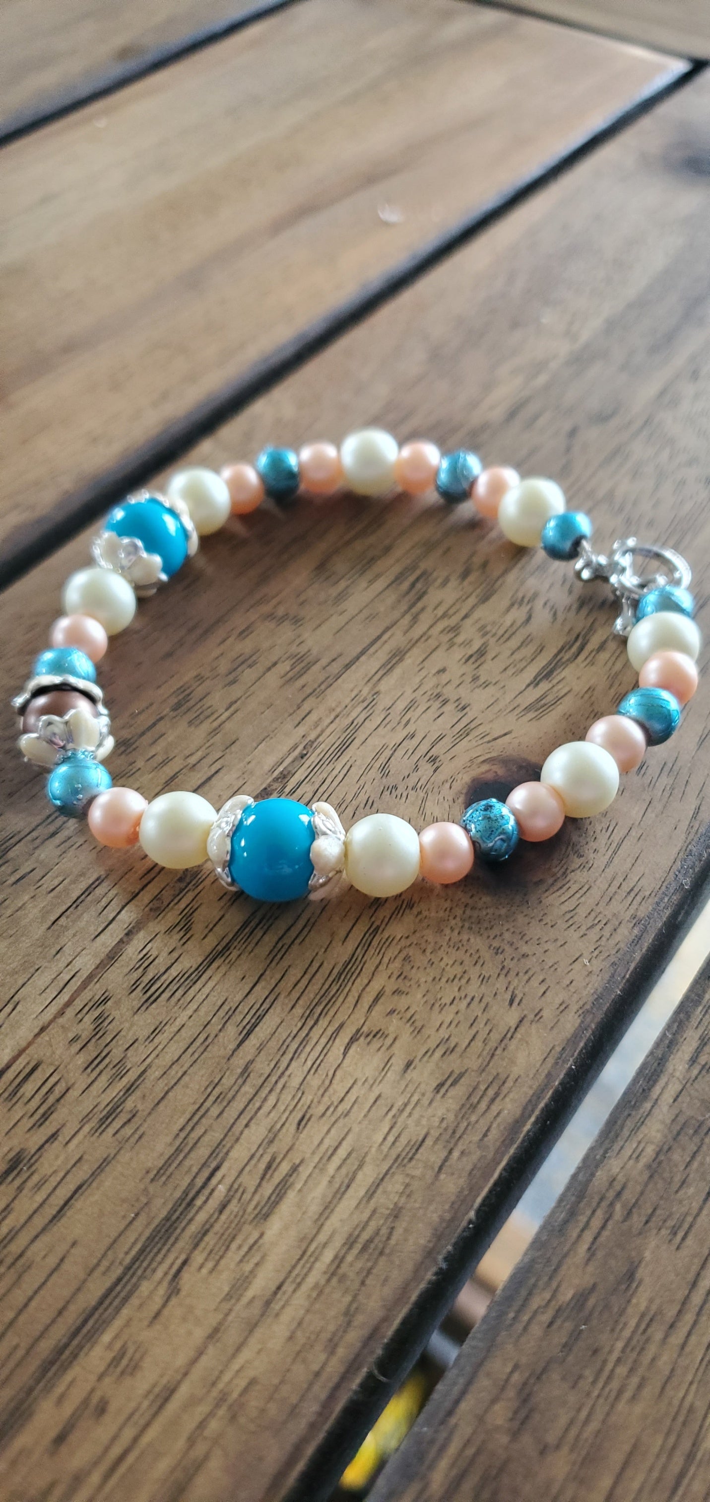 Blue, Ivory, & Peach Glass Bead Trio - Necklace, Bracelet & Earrings