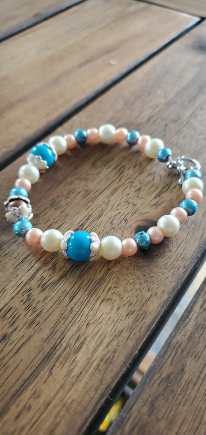 Blue, Ivory, & Peach Glass Bead Trio - Necklace, Bracelet & Earrings