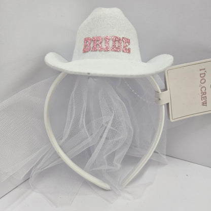 I Do Crew Bride Mini Cowboy Hat With Veil Headband