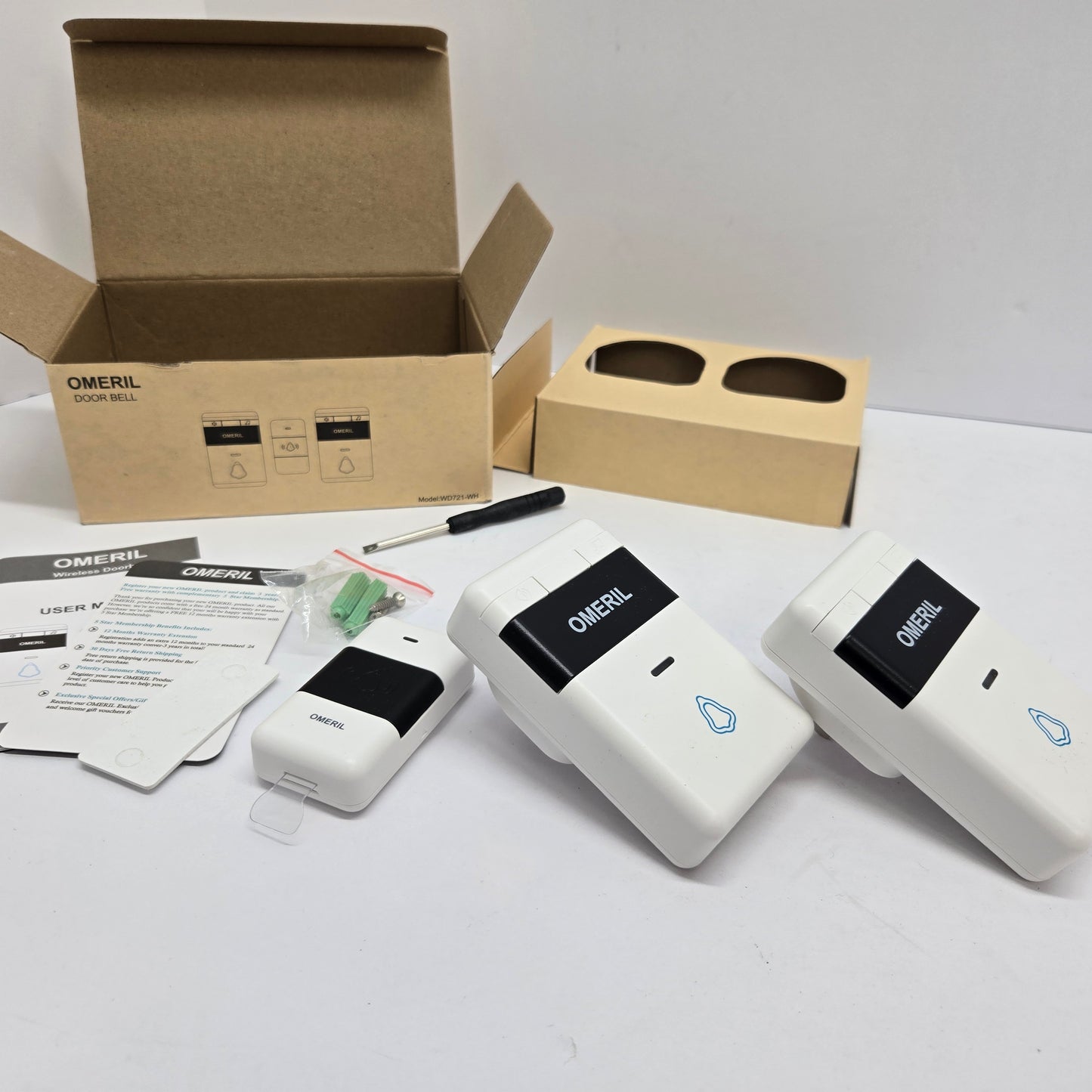 Omeril WD721-WH Wireless Door Bell Kit With 2 Receivers 1000ft Range, White