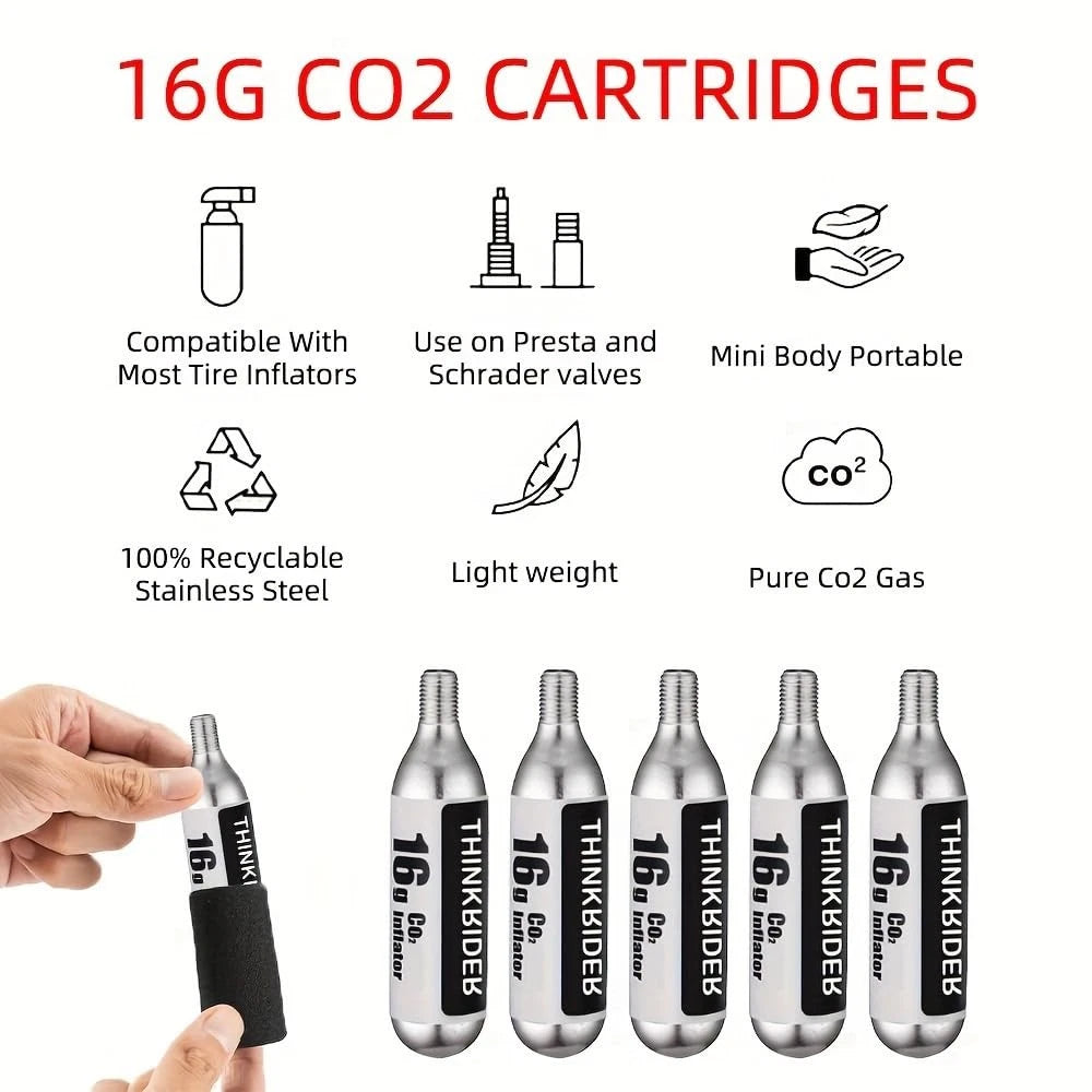 ThinkRider Kit; 16g Threaded 10pk CO2 Cartridges, with CO2 Bike Tire Inflator adaptor, for Bike, bicycle, tricycle tires