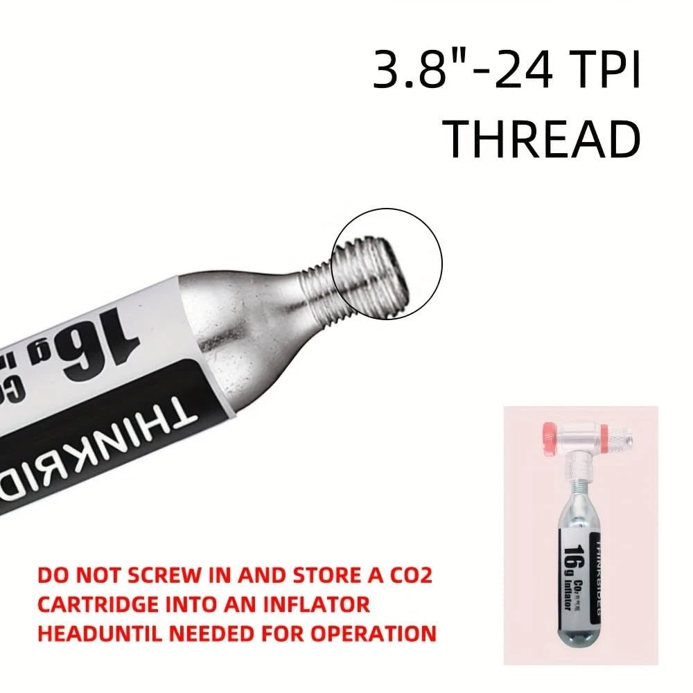 ThinkRider Kit; 16g Threaded 10pk CO2 Cartridges, with CO2 Bike Tire Inflator adaptor, for Bike, bicycle, tricycle tires