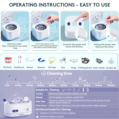 Portable Household Ultrasonic Clean Machine for Dentures, Retainers, Jewelry and more!